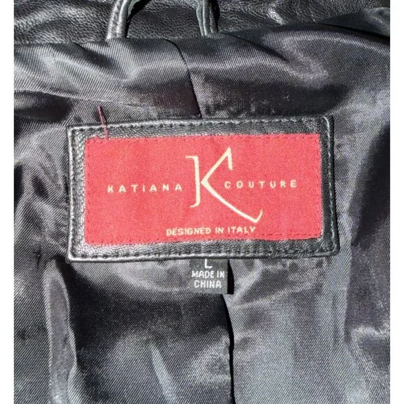 Katiana Couture Black Leather Blazer Jacket Womens Large Button-Up Lined Coat - Picture 6 of 8